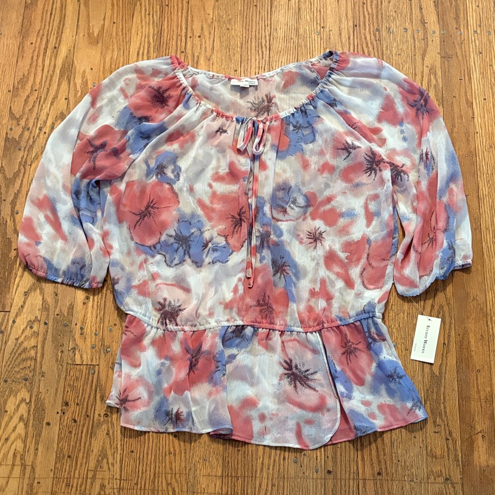 NWT Peasant Studio Works Woman Semi Sheer Blouse Top Pink Blue 1X